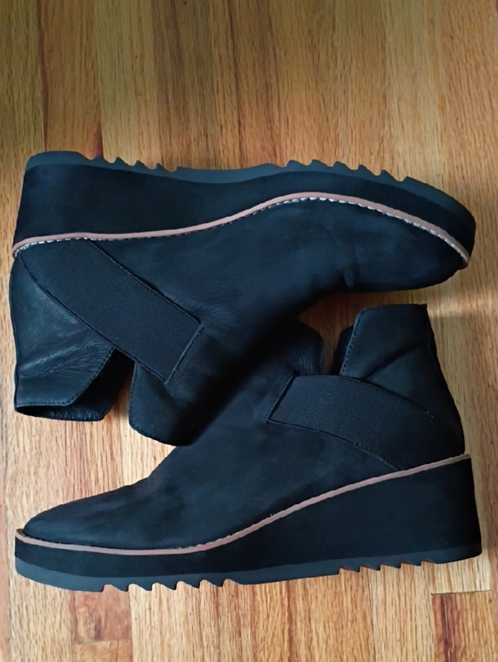 Eileen Fisher Black Leather Sude Wedge Booties Size 9 - Picture 9 of 9